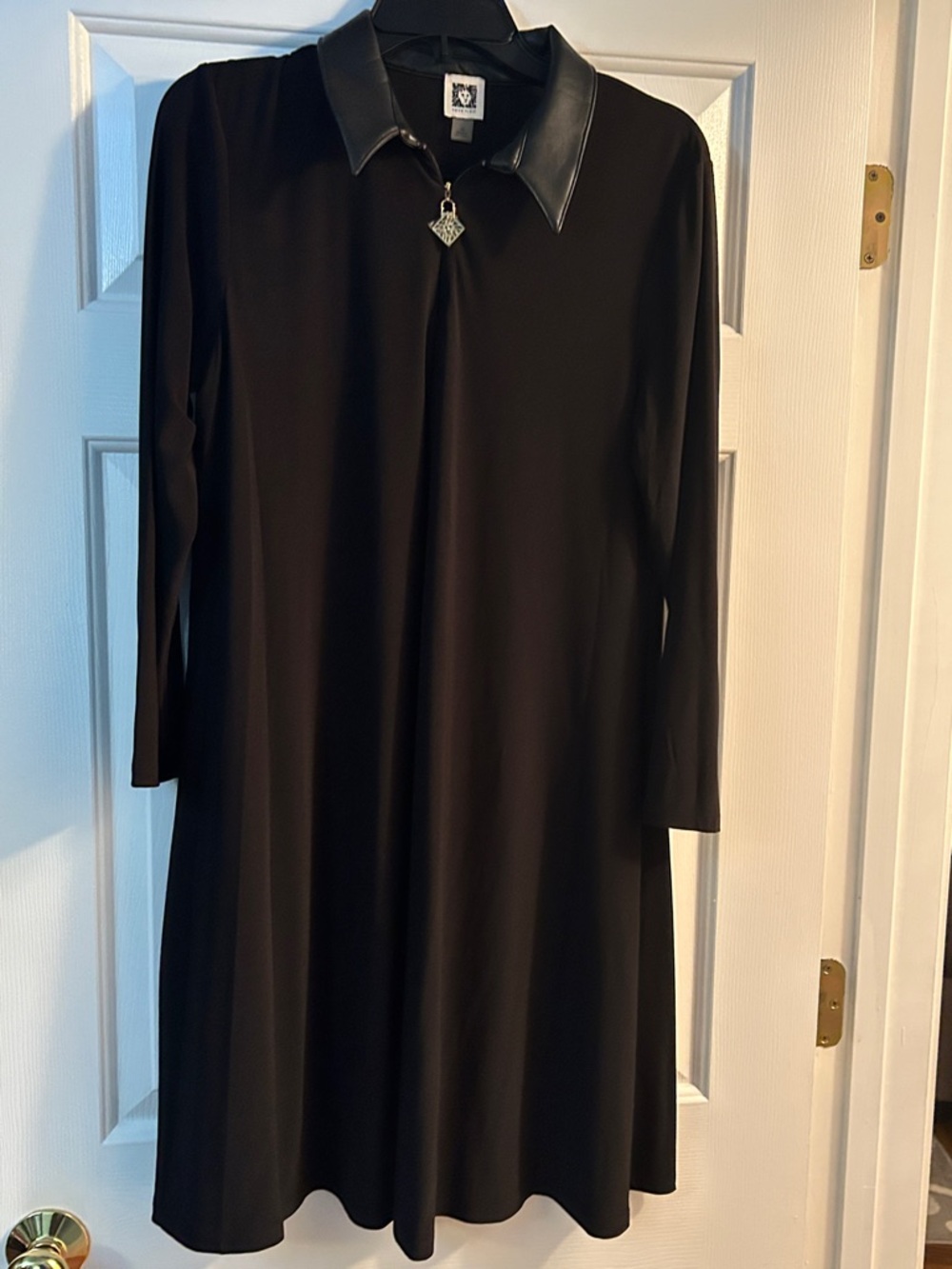 Anne Klein Black Long-Sleeve A-Line Dress with Faux Leather Collar